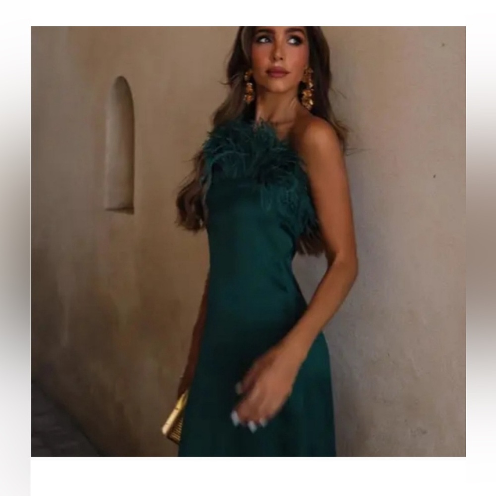 Zara Satin Green Midi Strapless Dress with Feather Accent - Picture 3 of 3